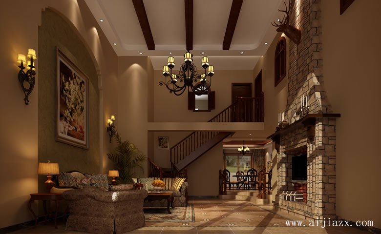 質(zhì)樸大氣的220平米懷舊美式田園風格別墅客廳裝修效果圖